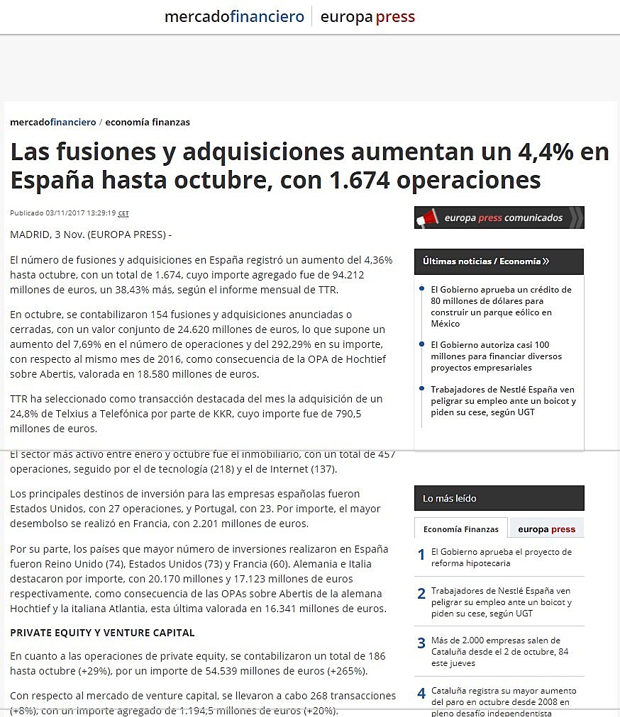 Las fusiones y adquisiciones aumentan un 4,4% en Espaa hasta octubre, con 1.674 operaciones